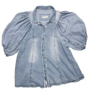 We The Free Denim Blouse Top Balloon Sleeve Size Large Lightweight Chambray Boho